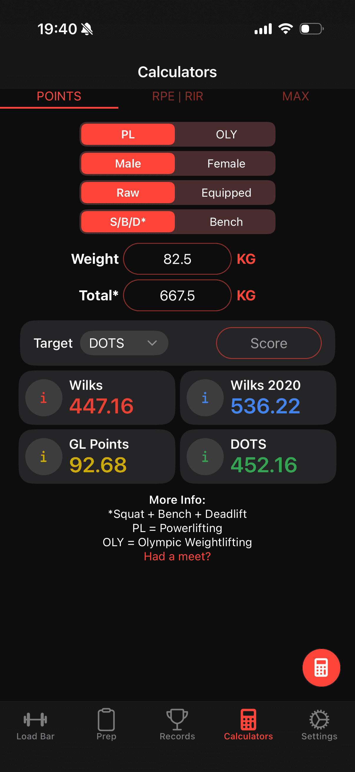 Powerlifting Points Calculator in Bar is Loaded App