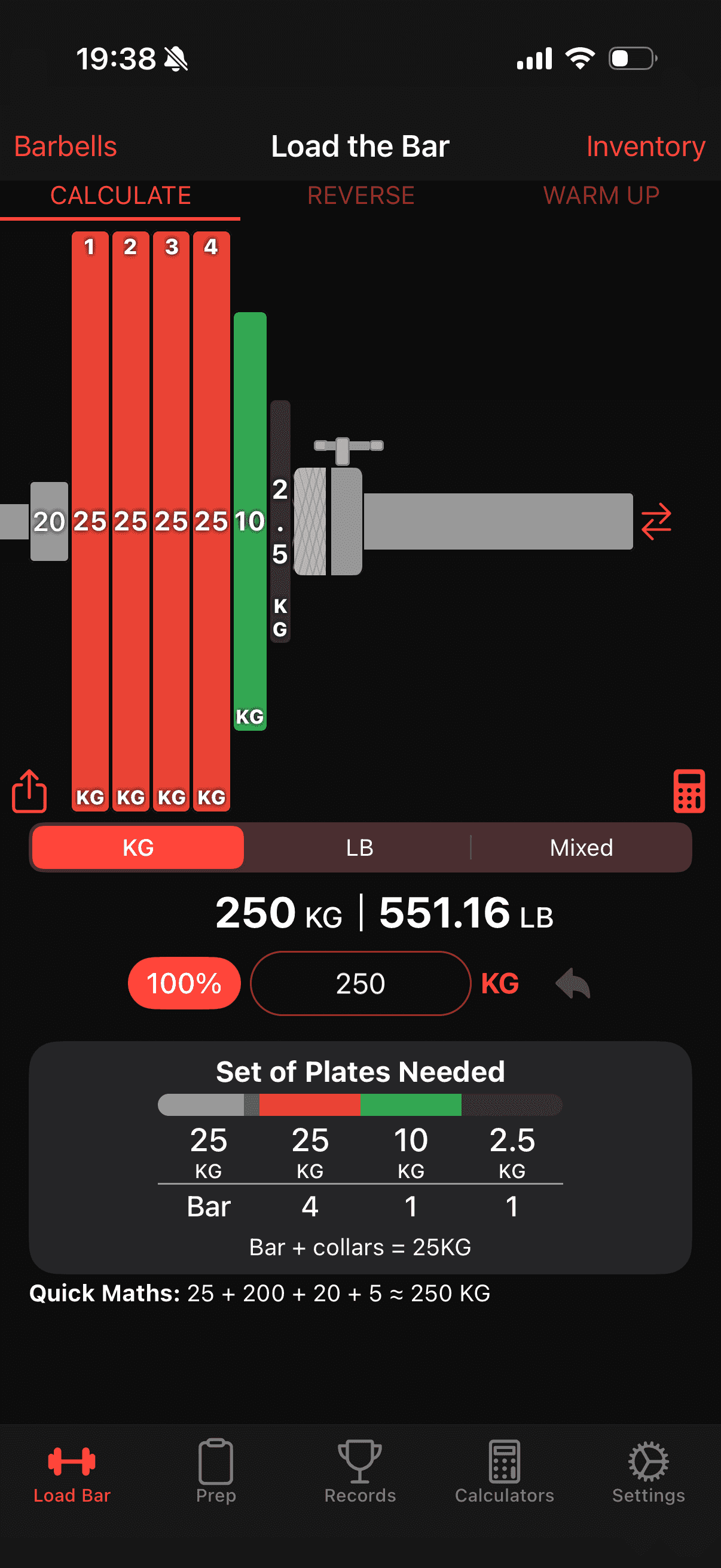 Load the Bar calculator in kilograms in dark mode