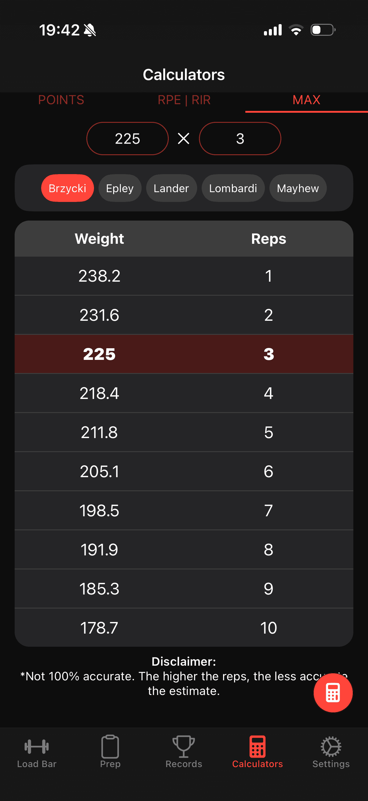 1RM Calculator in Bar is Loaded App