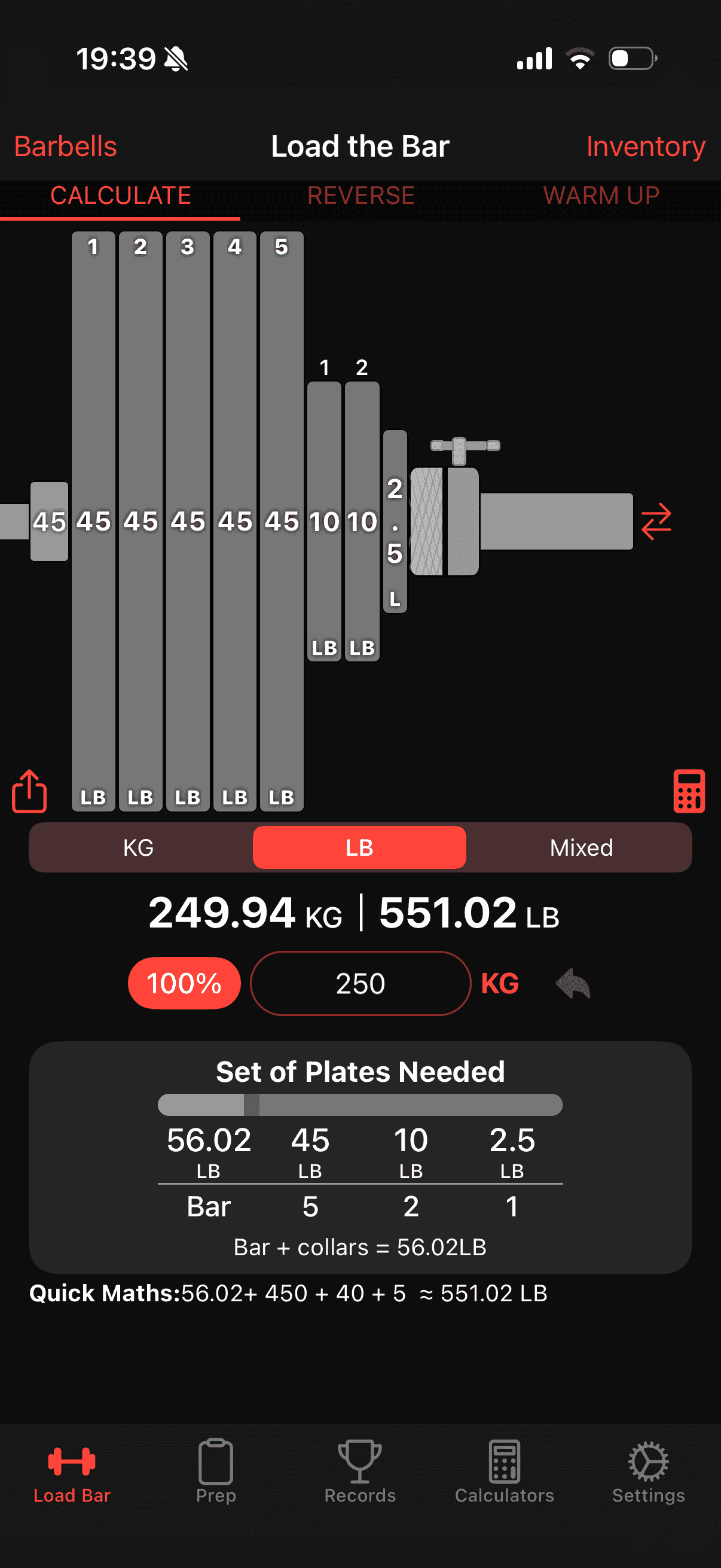 Load the Bar calculator in pounds in dark mode