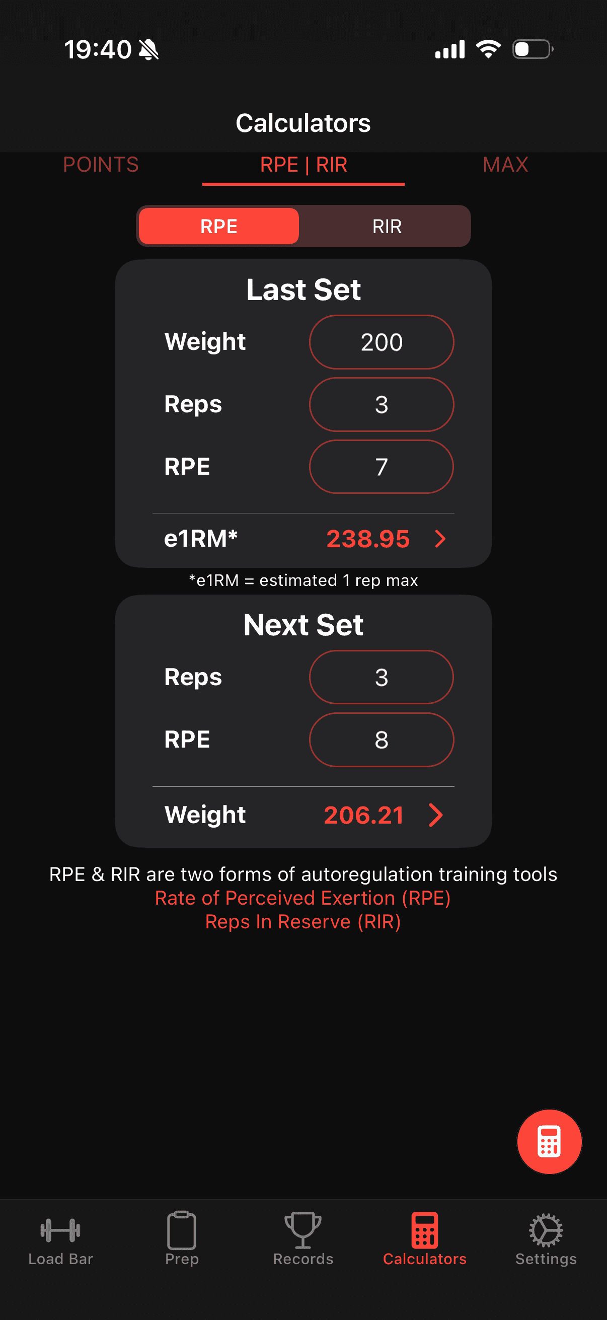 RPE Calculator in Bar is Loaded App