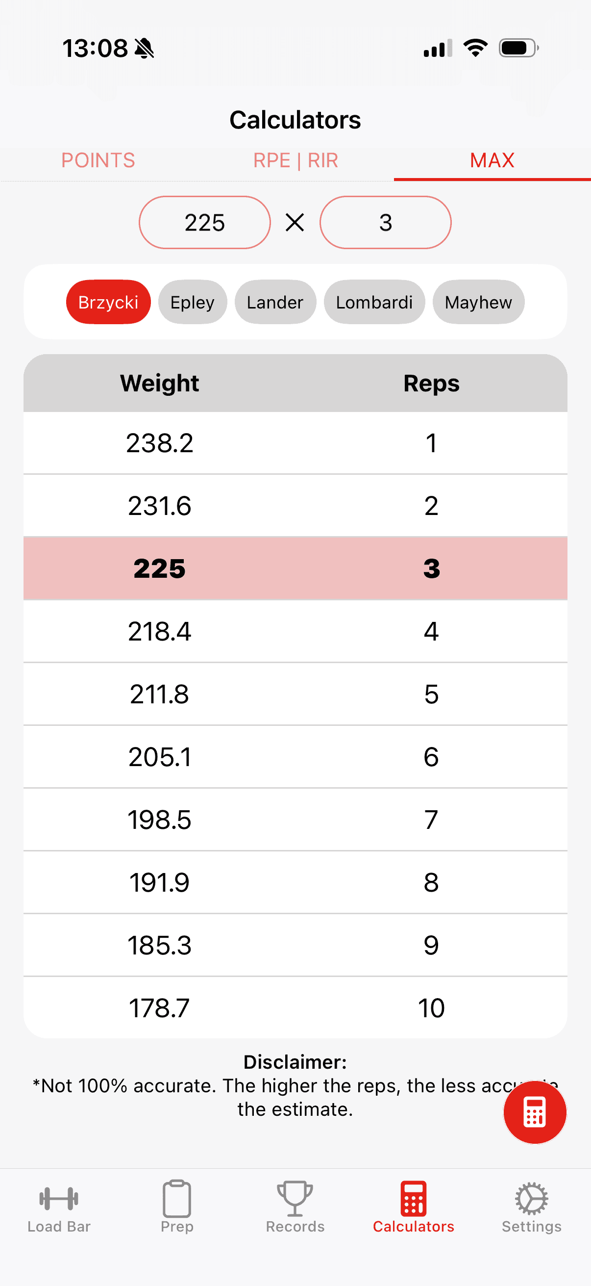 1RM Calculator in Bar is Loaded App